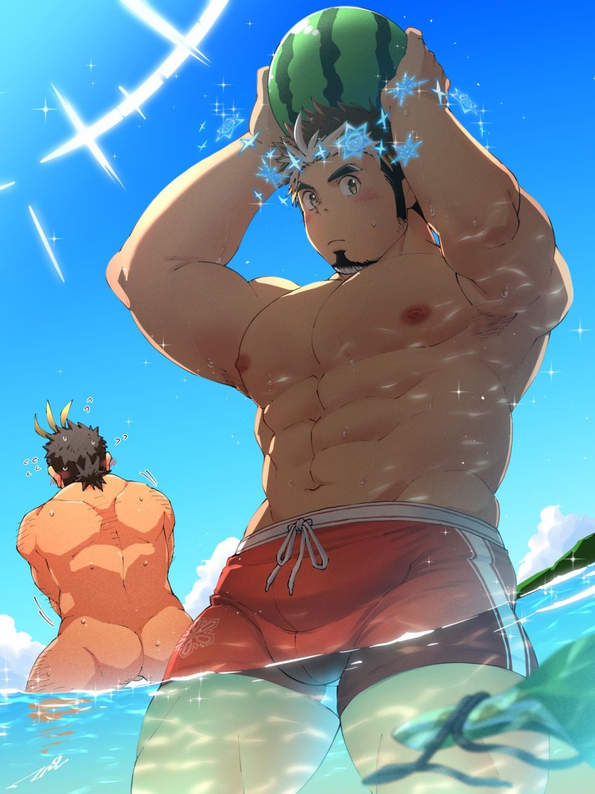 2boys, abs, alternate_costume, arms_up, ass, back, bara, bare_pectorals, black_hair, blonde_hair, blush, brown_hair, bulge, completely_nude, cowboy_shot, drawstring, facial_hair, food, fruit, goatee, hairy, highres, holding, ice, large_pectorals, long_sideburns, looking_at_viewer, male_focus, male_swimwear, multicolored_hair, multiple_boys, muscular, navel, navel_hair, nipples, nude, outdoors, pectorals, pointy_ears, red_male_swimwear, red_swim_trunks, see-through_clothes, short_hair, sideburns, snowflakes, sparkle, sparkling_eyes, streaked_hair, stubble, summer, swim_trunks, swimsuit, tepen_(tptptpn), thick_thighs, thighs, tokyo_houkago_summoners, tomte_(housamo), topless_male, two-tone_hair, water, watermelon, wet, white_hair, yamasachihiko_(housamo)
