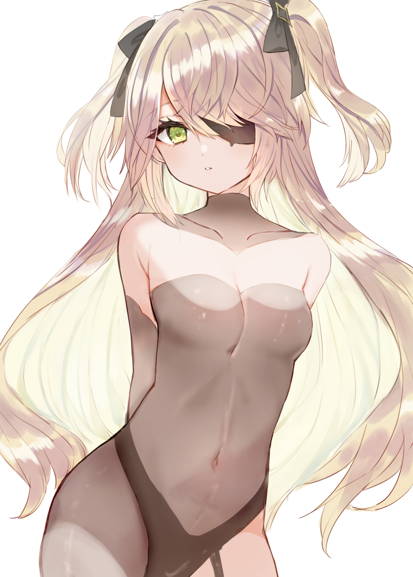 1girl, absurdres, arms_behind_back, bare_shoulders, blonde_hair, blush, bodystocking, breasts, cleavage, eyepatch, fischl_(genshin_impact), garter_straps, genshin_impact, gloves, green_eyes, hair_over_one_eye, hair_ribbon, highres, long_hair, looking_at_viewer, panties, parted_lips, ribbon, small_breasts, solo, two_side_up, underwear, yupi_(yuyupiko01)