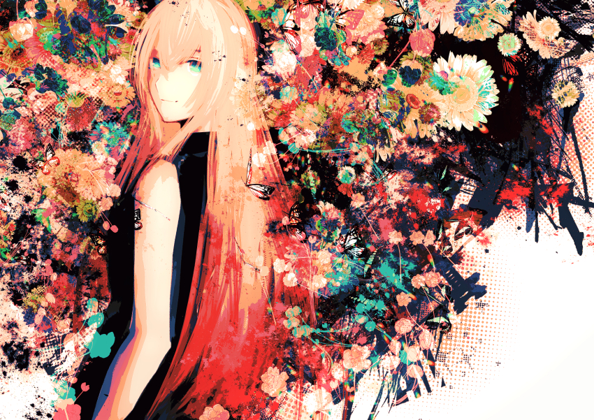 1girl, aqua_eyes, bare_shoulders, black_shirt, bug, butterfly, butterfly_tattoo, commentary