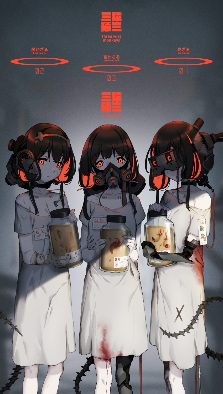 3girls, artificial_eye, bandaged_hand, bandages, barcode, barcode_tattoo, bare_shoulders, blood