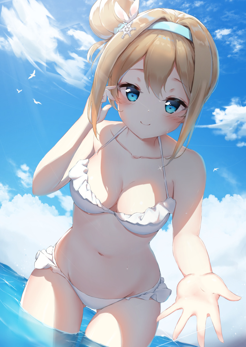 1girl, bare_arms, bare_shoulders, bikini, blue_eyes, blue_hairband, blue_sky, blush