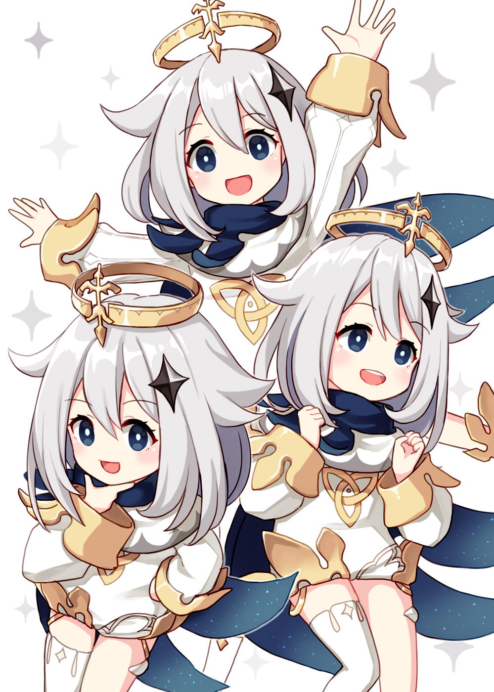 1girl, :d, arm_up, bad_id, bad_pixiv_id, black_cape, blue_eyes, blush