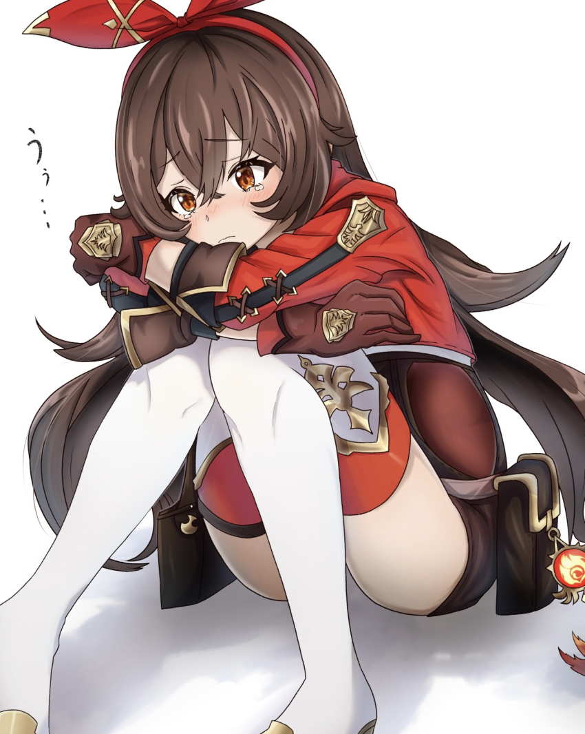 1girl, amber_(genshin_impact), arms_on_knees, blush, boots, brown_hair, closed_mouth, crying, crying_with_eyes_open, genshin_impact, gloves, hair_between_eyes, hair_ribbon, highres, kagura_(05410zura), knees_up, long_hair, long_sleeves, pouch, red_eyes, red_gloves, red_ribbon, ribbon, sad, shadow, short_shorts, shorts, simple_background, sitting, solo, tears, thigh_boots, thighhighs, thighs, very_long_hair, white_background, white_thighhighs