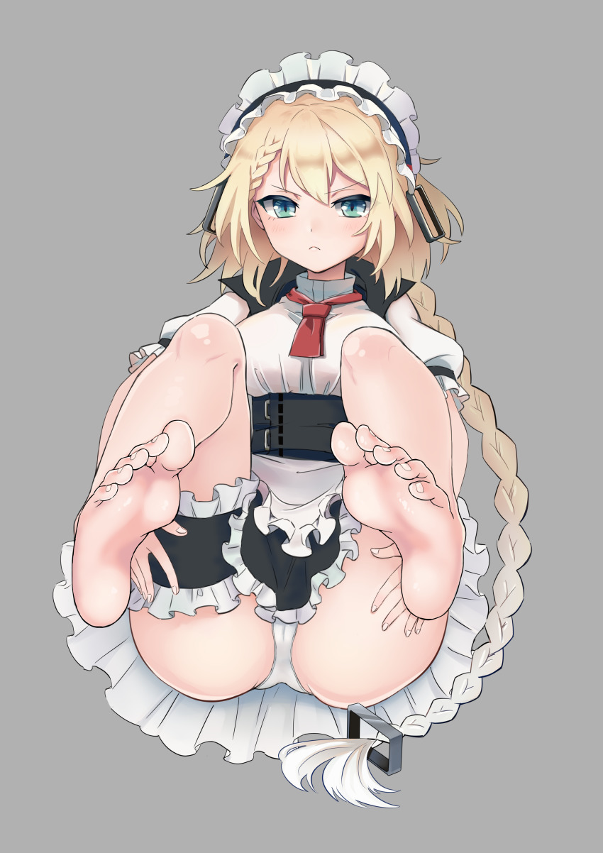 1girl, absurdres, apron, barefoot, black_legwear, blonde_hair, braid, braided_bangs, cameltoe, dodo_(purofu_hitsudoku), dress, feet, foot_focus, foreshortening, g36_(girls'_frontline), girls'_frontline, green_eyes, grey_background, highres, long_hair, maid, maid_apron, maid_headdress, no_shoes, panties, ponytail, puffy_sleeves, simple_background, soles, underwear, white_apron, white_panties