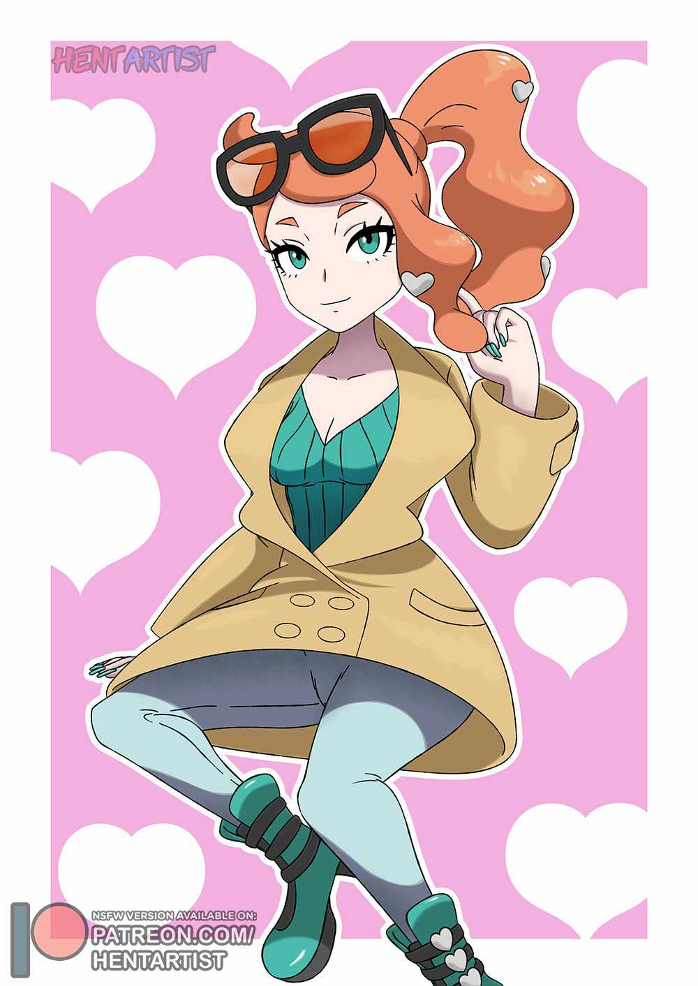 1girl, aqua_eyes, artist_name, boots, breasts, cleavage, coat, collarbone, female_focus, fingernails, gen_8_pokemon, glasses, heart, heart_background, hentartist, highres, leggings, legs, long_hair, looking_at_viewer, nail_polish, neck, nintendo, orange_hair, playing_with_own_hair, pokemon, pokemon_sword_and_shield, ponytail, side_ponytail, simple_background, sitting, solo, sonia_(pokemon), sunglasses, sunglasses_on_head, yellow_coat