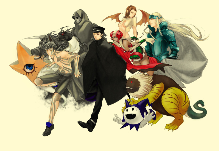 2girls, 3boys, atlus, black_hair, blue_eyes, cape, cat, chimera
