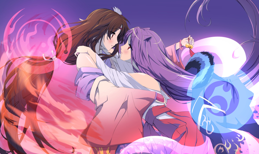 2girls, absurdres, animal_ears, bell, blush, brown_hair, clan_symbol, dakki_the_graceful_mayakashi, dawn, detached_sleeves, duel_monster, eye_contact, fire, fox_ears, highres, hug, huge_filesize, japanese_clothes, kannazuki_no_miko, kimono, kyokkou_no_aurora, long_hair, looking_at_another, mayakashi_(yugioh), miko_embrace, multiple_girls, parody, purple_hair, shiranui_(yugioh), shiranui_skillsaga_supremacy, shiranui_squire, simple_background, very_long_hair, wristband, yu-gi-oh!, yuri
