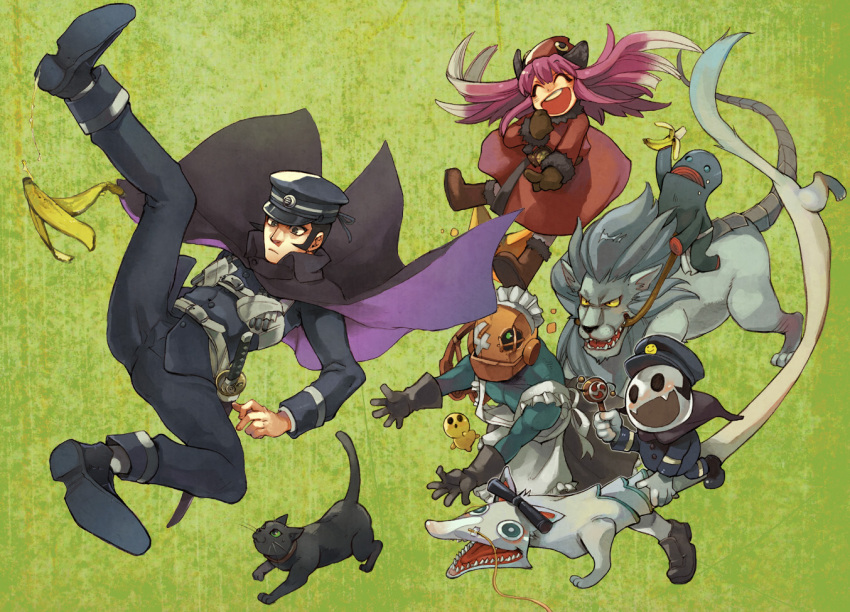 1boy, 1girl, atlus, banana, cat, cerberus_(megami_tensei), demon_(megami_tensei), devil_summoner_(series)