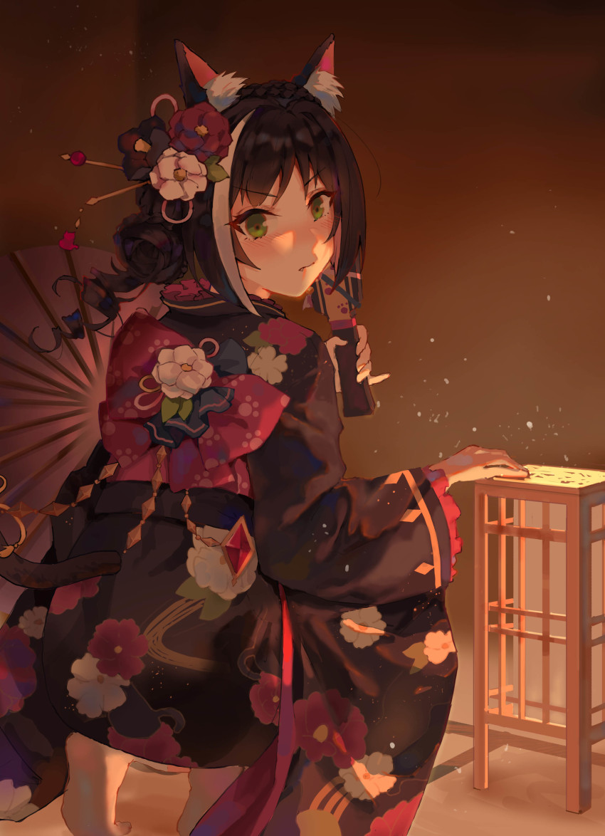 1girl, absurdres, animal_ear_fluff, animal_ears, back_bow, barefoot, black_flower, black_hair