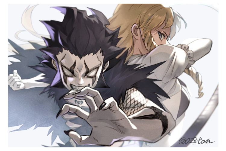 1boy, 1girl, back-to-back, black_hair, blonde_hair, brago_(konjiki_no_gash!!), commentary, dress