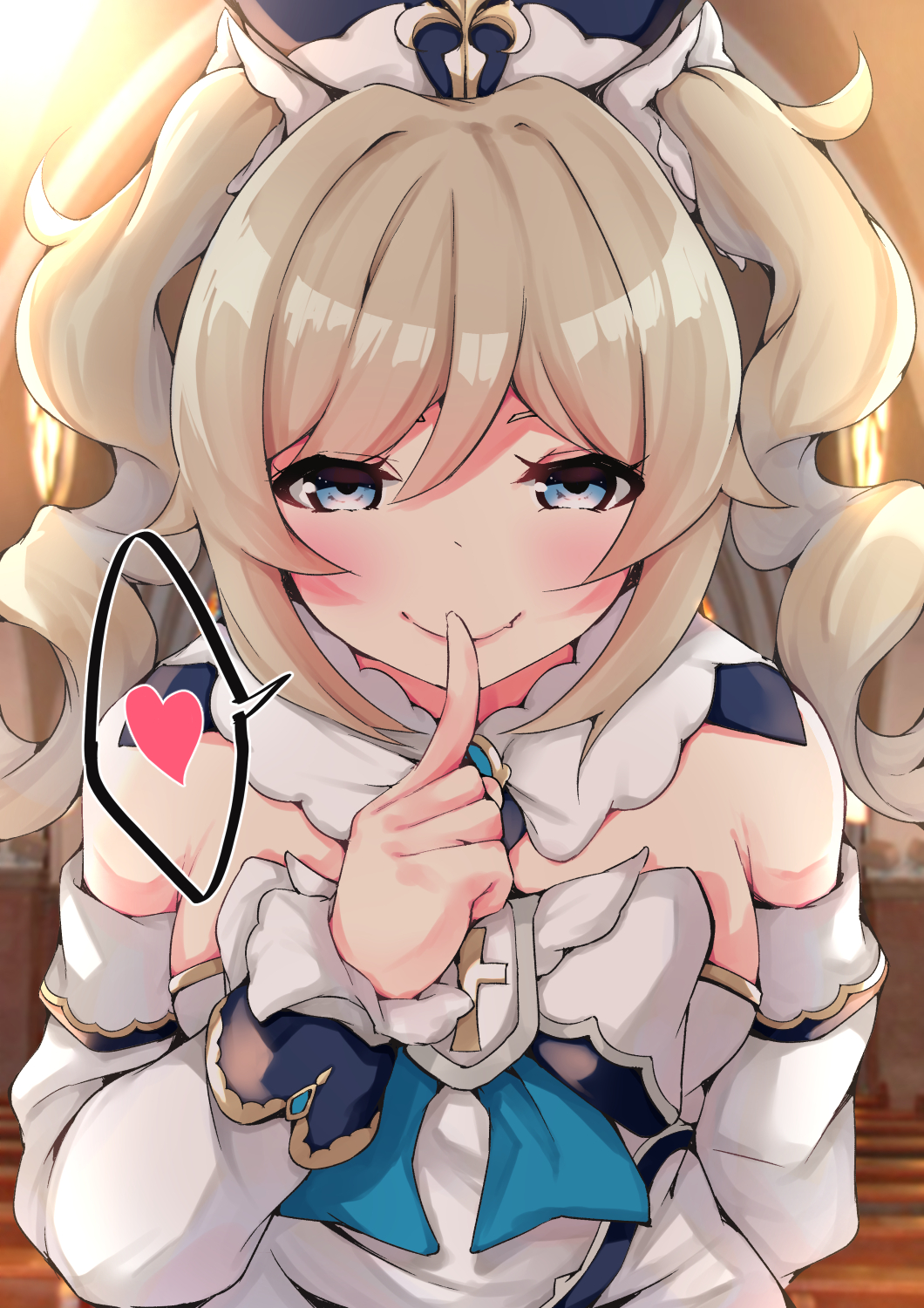 1girl, barbara_(genshin_impact), bare_shoulders, blonde_hair, blue_eyes, cross, detached_sleeves, dress