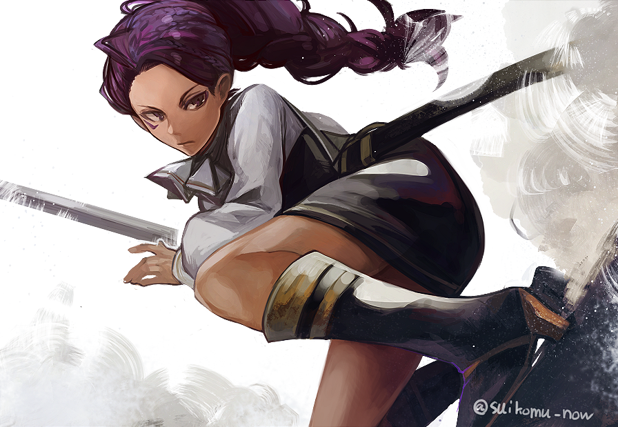 1girl, boots, braid, braided_ponytail, brown_eyes, closed_mouth, dark-skinned_female, dark_skin, facial_mark, fire_emblem, fire_emblem:_three_houses, full_body, garreg_mach_monastery_uniform, high_heel_boots, high_heels, holding, holding_sword, holding_weapon, long_hair, long_sleeves, nintendo, petra_macneary, ponytail, purple_hair, scabbard, sheath, simple_background, solo, suikomu_now, sword, weapon