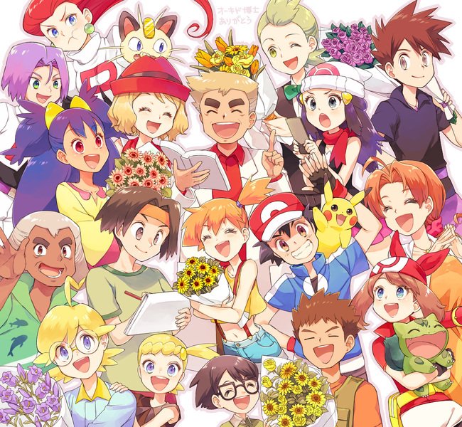 6+boys, 6+girls, :t, ahoge, ash_ketchum, bandana, baseball_cap, beanie