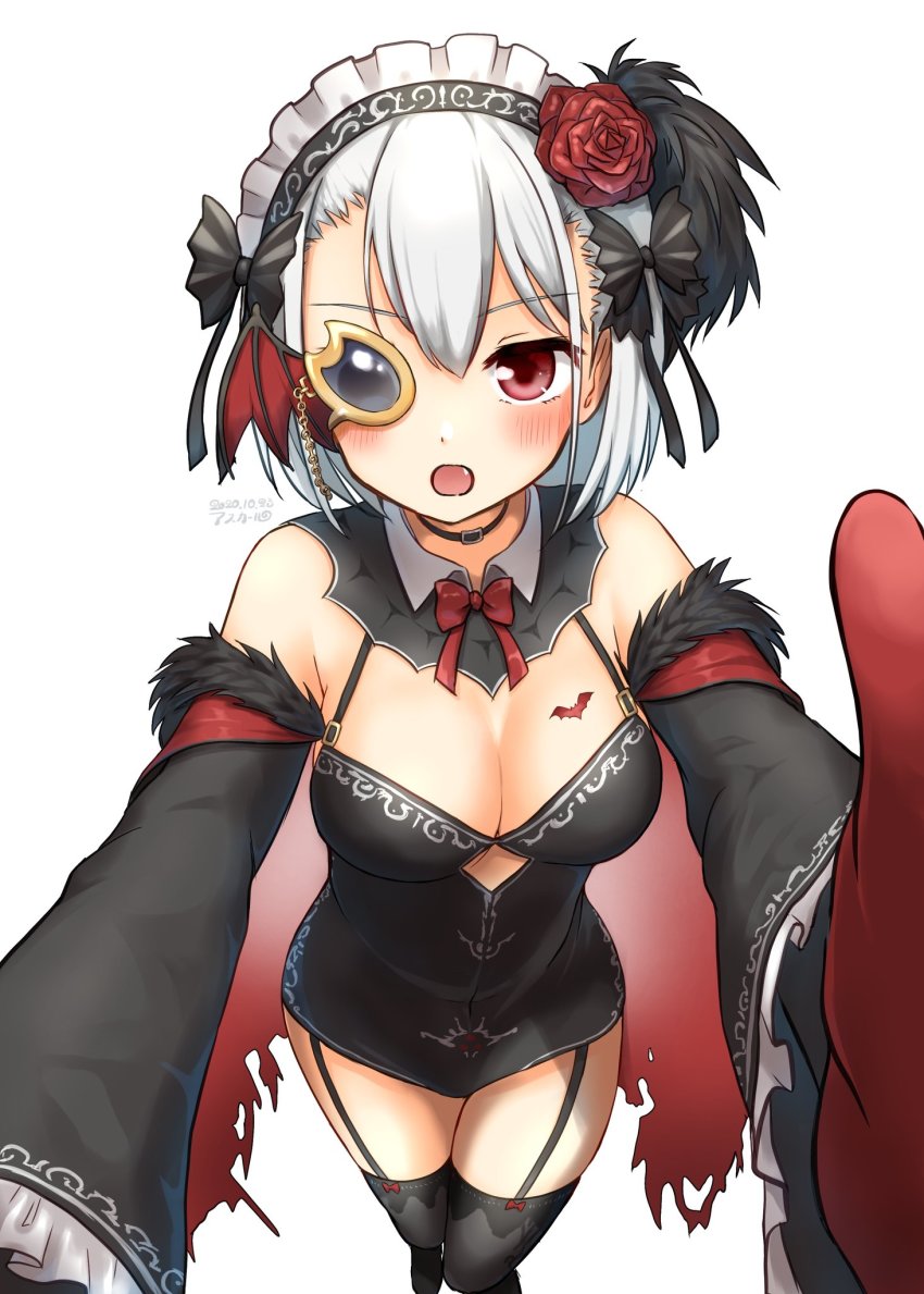 1girl, asukaru_(magika_ru), blush, breast_tattoo, breasts, choker, cleavage, garter_straps