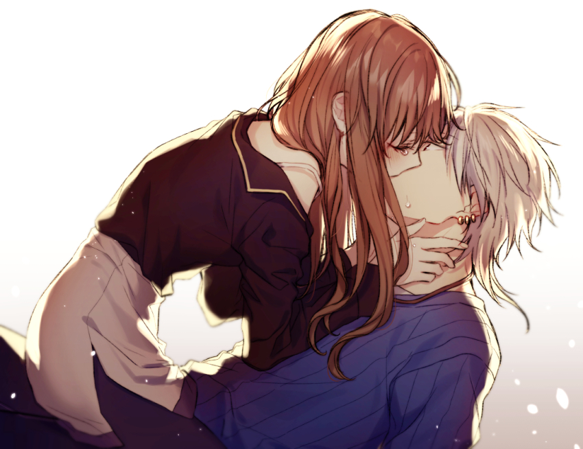 1boy, 1girl, alternate_costume, alternate_hairstyle, black_pantyhose, black_shirt, blue_shirt, blush, bra, bra_strap, brown_hair, closed_eyes, commentary, couple, crow_armbrust, crying, earrings, eiyuu_densetsu, falcom, from_side, gradient_background, grey_background, hair_down, hetero, jewelry, kiss, long_hair, long_sleeves, lying, miniskirt, off_shoulder, on_back, pantyhose, profile, red_eyes, ribbed_shirt, sen_no_kiseki, sen_no_kiseki_(series), sen_no_kiseki_i, sen_no_kiseki_iv, shirt, short_hair, silver_hair, simple_background, sitting, skirt, soap_(user_kghh4755), straddling, sweatdrop, tears, towa_herschel, underwear, white_background, white_bra, white_skirt