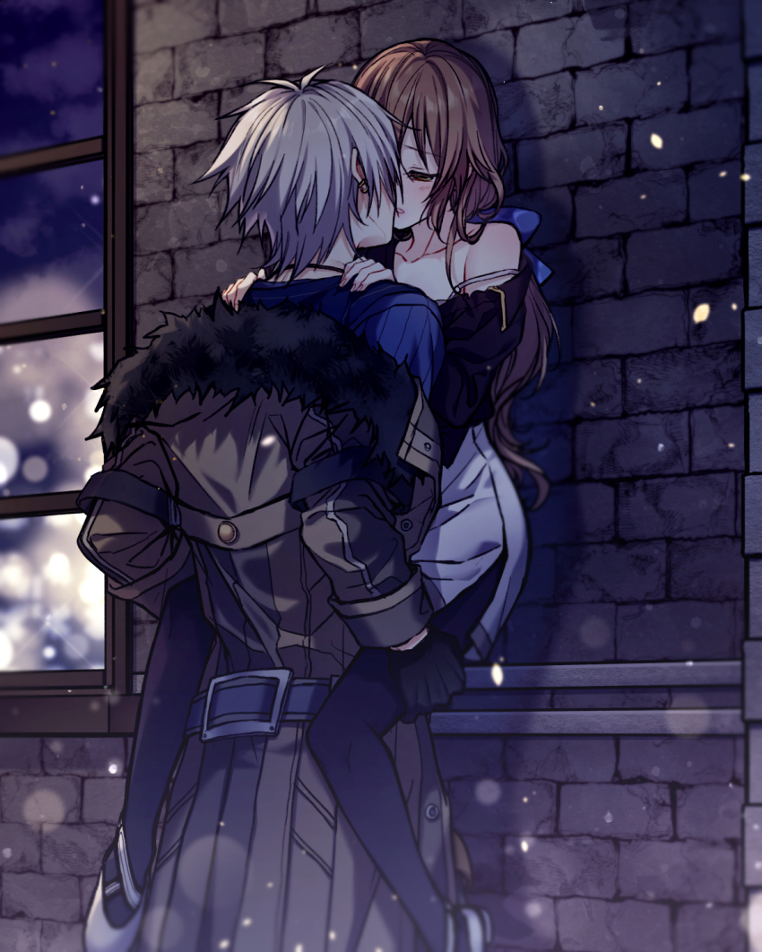 1boy, 1girl, against_wall, black_pantyhose, black_shirt, blurry, blush, bokeh, bow, bra, bra_strap, brown_coat, brown_hair, carrying, coat, commentary, couple, cowboy_shot, crow_armbrust, depth_of_field, earrings, eiyuu_densetsu, english_commentary, falcom, fur-trimmed_coat, fur_trim, green_eyes, hair_bow, half-closed_eyes, hands_on_another's_shoulders, hetero, highres, imminent_kiss, jewelry, light_particles, long_hair, miniskirt, off_shoulder, outdoors, pantyhose, ponytail, sen_no_kiseki_(series), sen_no_kiseki_i, shirt, short_hair, silver_hair, skirt, soap_(user_kghh4755), strap_slip, towa_herschel, underwear, white_bra, white_skirt, window