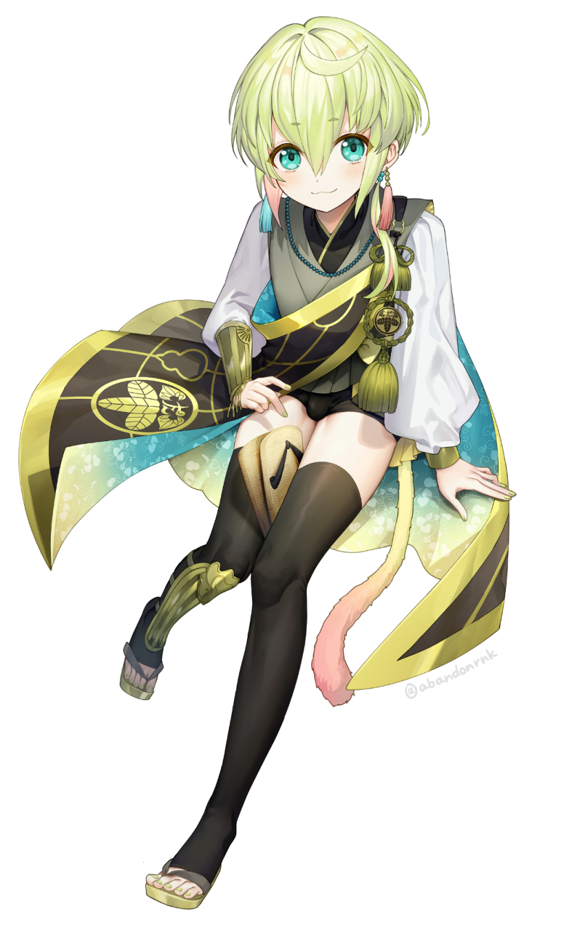 1boy, :3, abandon_ranka, aqua_eyes, armor, black_legwear, blonde_hair, bulge, earrings, highres, japanese_armor, japanese_clothes, jewelry, kote, male_focus, monkey_tail, sandals, short_shorts, shorts, sitting, smile, taikou_samonji, tail, tassel, thighhighs, touken_ranbu, twitter_username
