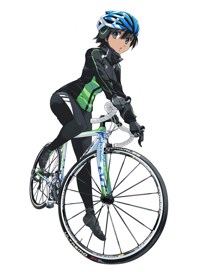 1girl, bicycle, black_eyes, black_hair, cannondale, gloves, jacket, leggings, looking_at_viewer, matsumoto, open_mouth, solo, tomboy, white_background