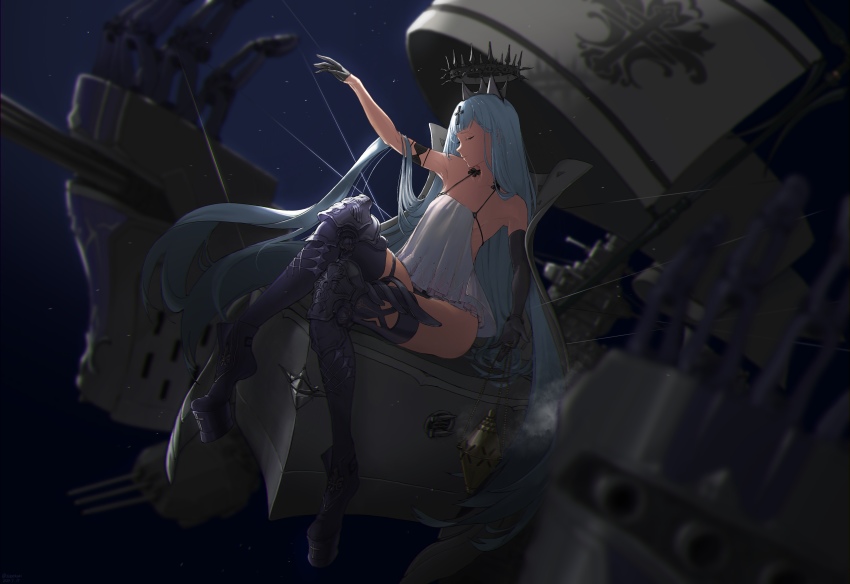 1girl, absurdly_long_hair, absurdres, azur_lane, black_gloves, black_panties, blue_hair, champagne_(azur_lane), cross, cross_hair_ornament, crown, dress, elbow_gloves, floating_headgear, full_body, gloves, hair_ornament, hair_spread_out, half_gloves, headgear, highres, hoof_shoes, iris_libre_(emblem), long_hair, panties, rigging, ship_turret, short_dress, single_elbow_glove, single_half_glove, sitting, sleeveless, sleeveless_dress, solo, string, thurible, underwear, very_long_hair, white_dress, xia_oekaki