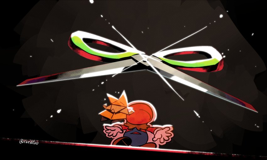 1boy, blue_overalls, facing_away, from_behind, glint, gloves, halftone, highres, male_focus, mario, mario_(series), nintendo, olivia_(paper_mario), overalls, paper_mario, paper_mario:_the_origami_king, paper_mario_(character), rariatto_(ganguri), red_headwear, scissors, scissors_(paper_mario), solo, standing, twitter_username, white_gloves