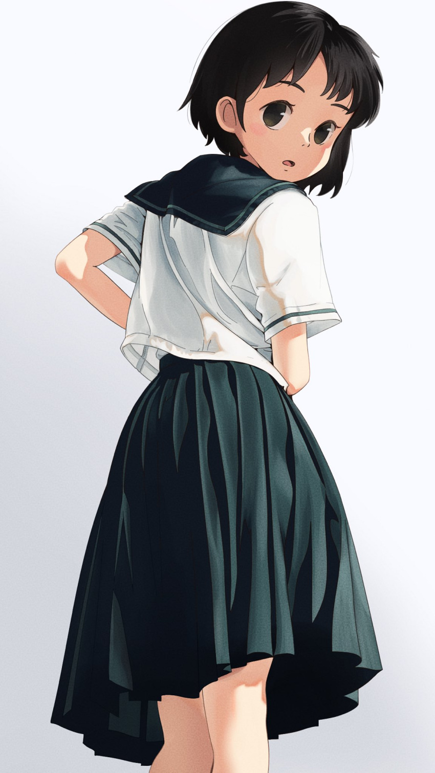 1girl, blush, bob_cut, brown_eyes, brown_hair, highres, legs, long_skirt, looking_at_viewer, looking_to_the_side, open_mouth, original, school_uniform, serafuku, short_hair, simple_background, skirt, solo, standing, tariki_fretless, thighs, white_background
