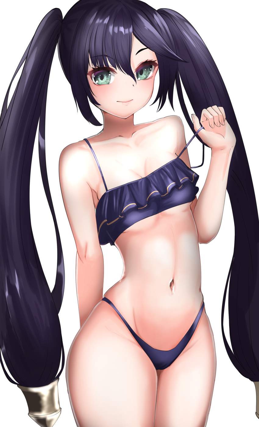 1girl, absurdres, amemiya_arikapu, aqua_eyes, arm_behind_back, bad_id, bad_pixiv_id, bare_shoulders, bikini, black_hair, blue_bikini, breasts, closed_mouth, collarbone, commentary_request, genshin_impact, hair_ornament, hand_up, highleg, highleg_bikini, highres, lips, long_hair, looking_at_viewer, mona_(genshin_impact), navel, pulling_own_clothes, small_breasts, solo, stomach, swimsuit, thighs, twintails