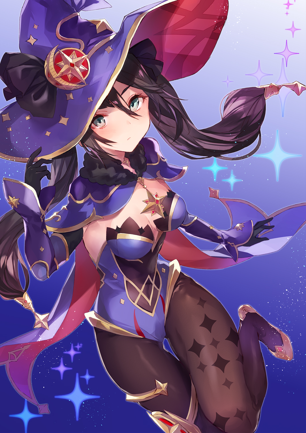 1girl, black_gloves, black_hair, blue_eyes, blue_leotard, blush, breasts, covered_navel