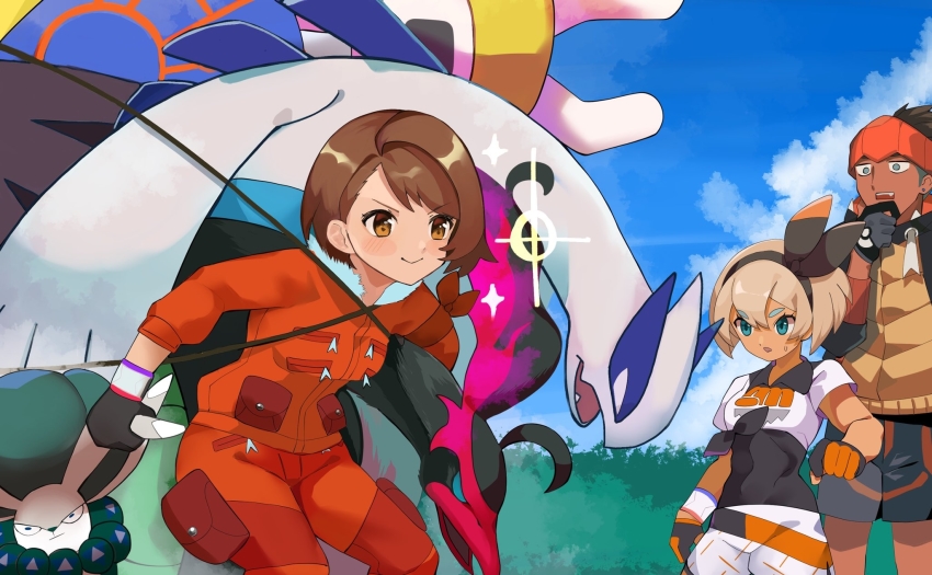 1boy, 2girls, aqua_eyes, bea_(pokemon), black_bodysuit, black_gloves, black_hairband, black_hoodie