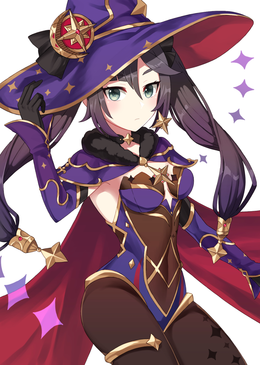 1girl, anklet, aqua_eyes, armpits, bad_id, bad_pixiv_id, black_choker, black_gloves, black_hair, blue_leotard, bodystocking, breasts, brown_pantyhose, cape, choker, closed_mouth, coconat_summer, covered_navel, cowboy_shot, detached_sleeves, earrings, genshin_impact, gloves, gold_trim, hand_on_headwear, hat, highres, jewelry, leotard, long_hair, long_sleeves, looking_at_viewer, mona_(genshin_impact), pantyhose, purple_hat, simple_background, small_breasts, solo, thighlet, twintails, white_background, witch_hat
