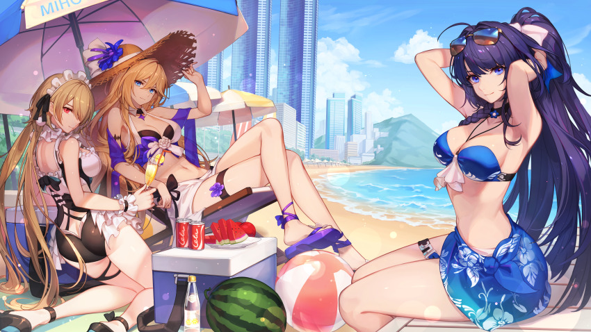 3girls, absurdres, alternate_costume, ass, baek_hyang, bare_shoulders, bikini, blonde_hair