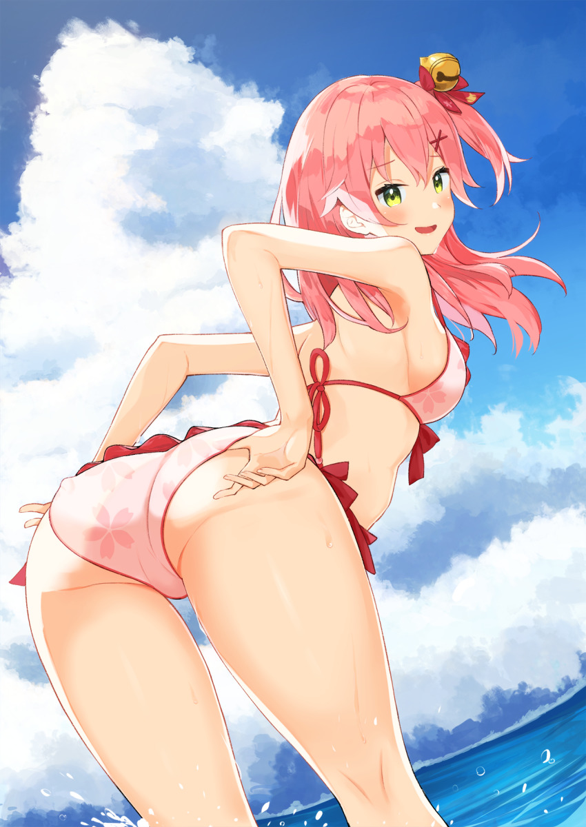 1girl, adjusting_clothes, adjusting_swimsuit, armpits, ass, bell, bikini, blue_sky