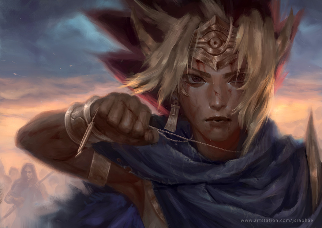 1boy, ancient_egyptian_clothes, armlet, atem, black_hair, blonde_hair, blue_scarf, brown_hair