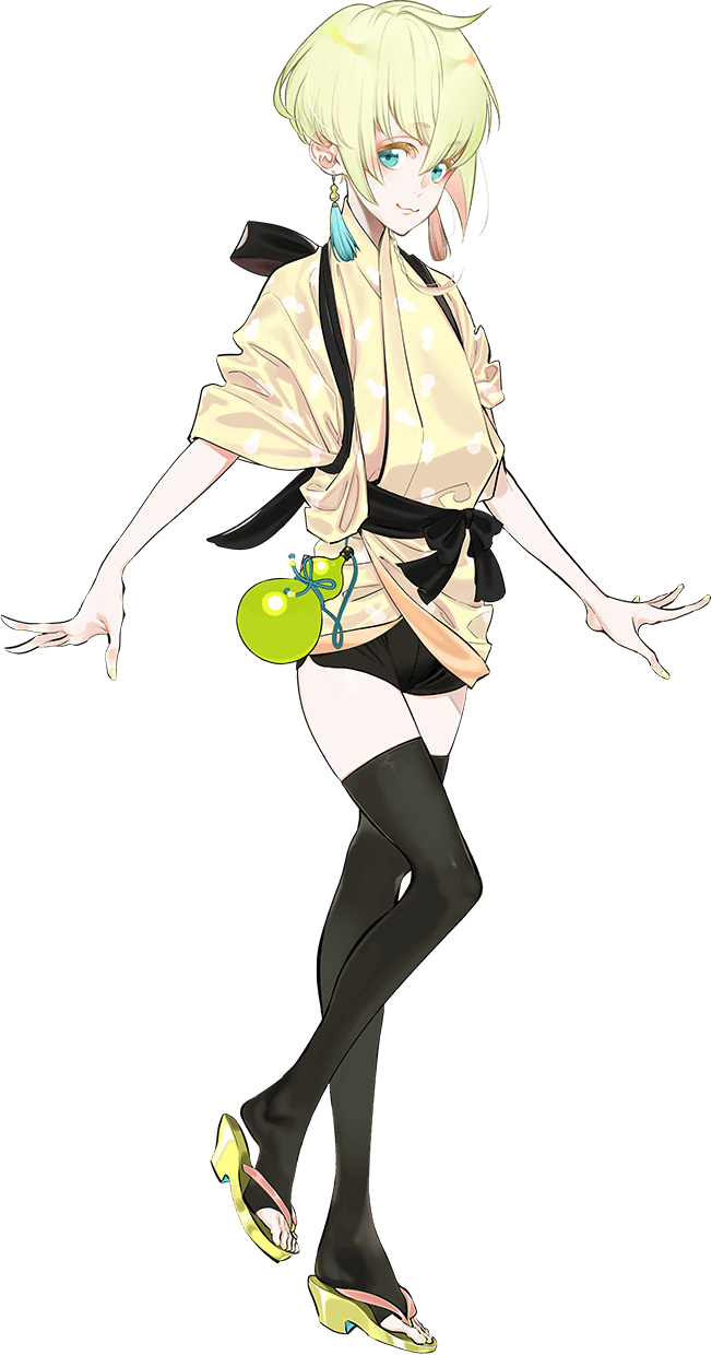 1boy, :3, aqua_eyes, black_thighhighs, blonde_hair, earrings, full_body, gourd