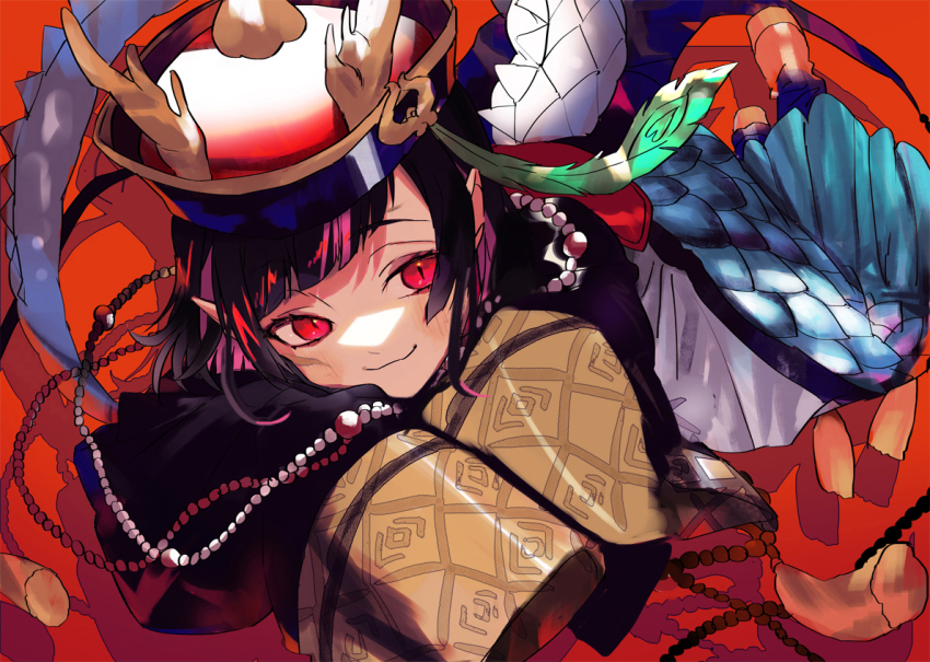1boy, alternate_costume, black_hair, dragon_horns, dragon_tail, foreshortening, halloween_costume, hat