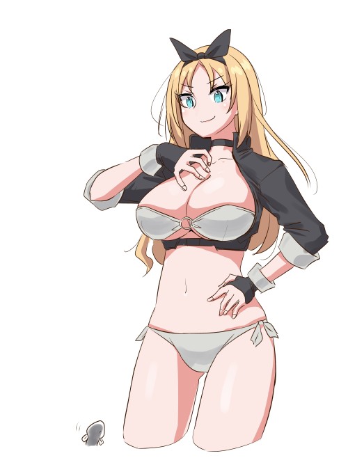 1girl, bikini, black_gloves, black_jacket, blonde_hair, blue_eyes, breasts, commentary_request