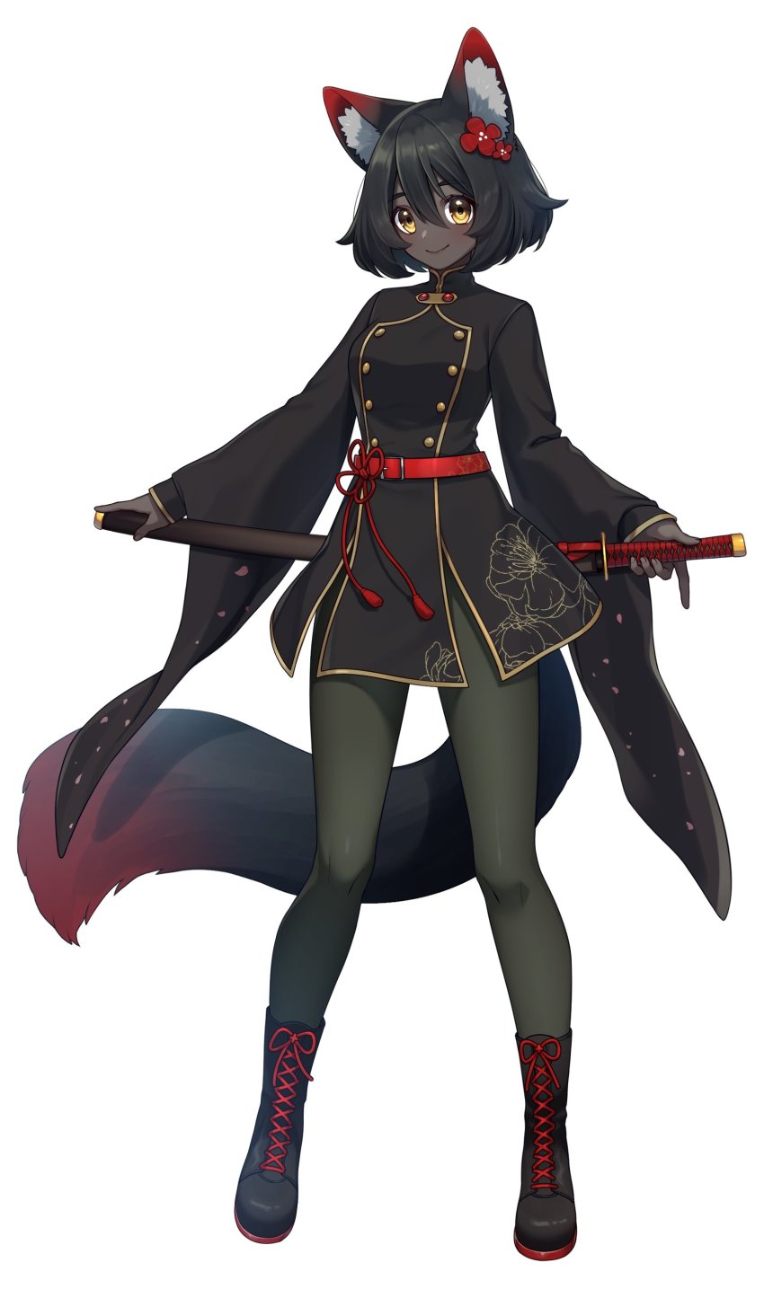 1girl, absurdres, animal_ear_fluff, animal_ears, black_boots, black_hair, black_pantyhose, boots