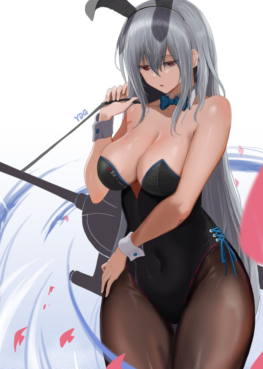 1girl, animal_ears, arknights, bare_arms, bare_shoulders, black_leotard, blue_bow, blue_bowtie