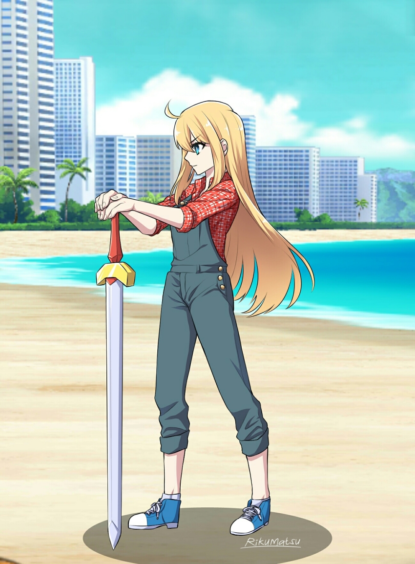 1girl, ahoge, artist_name, beach, blonde_hair, blue_eyes, blue_overalls, blue_shoes