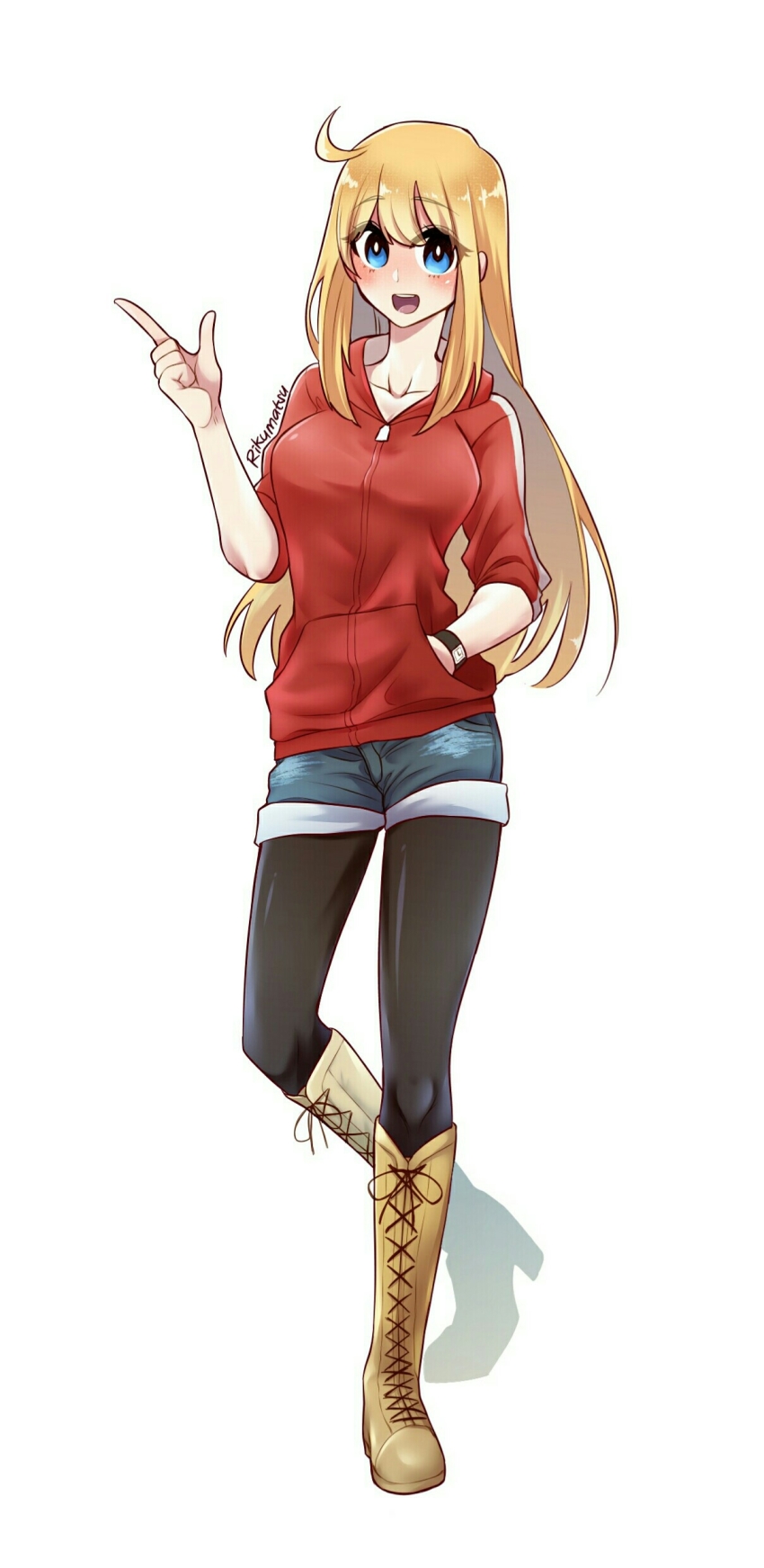 1girl, absurdres, artist_name, black_leggings, blonde_hair, blue_eyes, bokujou_monogatari, bokujou_monogatari:_mineral_town_no_nakama_tachi