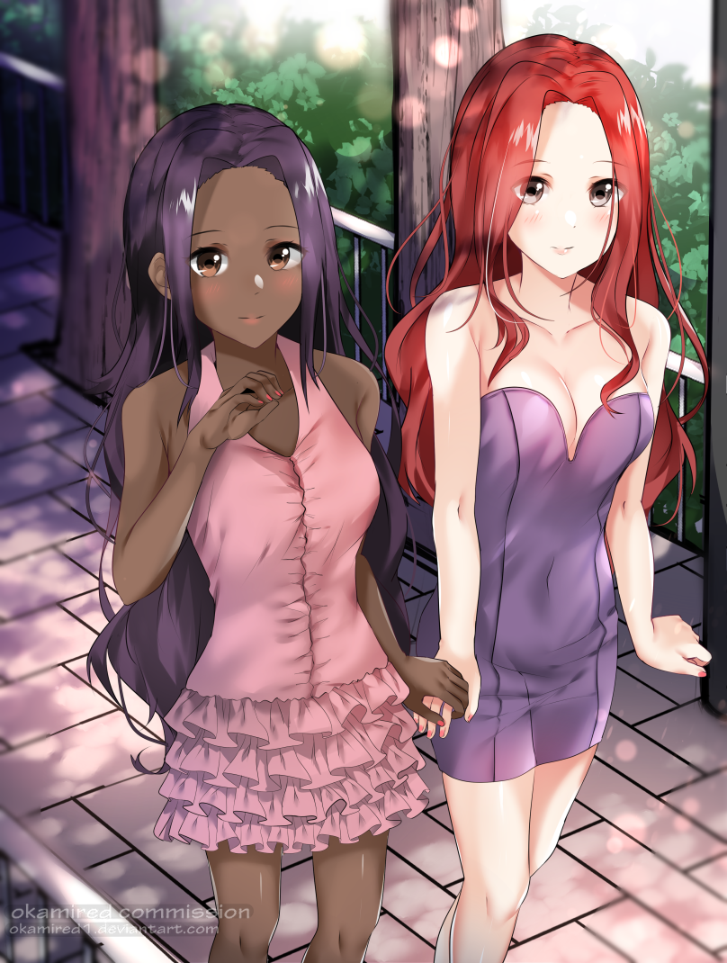 2girls, bare_arms, bare_shoulders, blush, breasts, brown_eyes, cleavage, commission