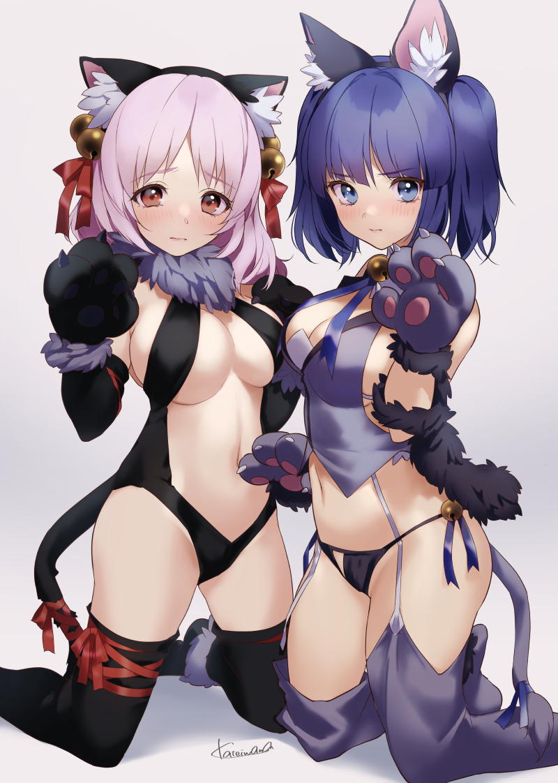 2girls, animal_ear_fluff, animal_ears, animal_hands, bai_lao_shu, blue_eyes, blue_hair, breasts