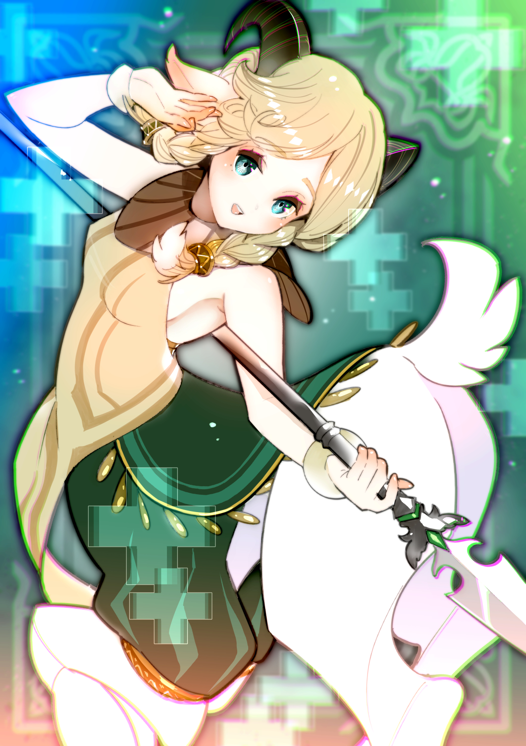 1girl, afk_(series), afk_arena, animal_ears, bad_id, bad_pixiv_id, bare_shoulders, black_horns, blonde_hair, blue_eyes, braid, breasts, centaur, centauroid, chromatic_aberration, curled_horns, highres, hino_tomoyuki, holding, holding_polearm, holding_spear, holding_weapon, horns, long_hair, looking_at_viewer, nemora_(afk_arena), no_bra, parted_bangs, polearm, sheep_ears, sheep_horns, sideboob, solo, spear, taur, teeth, twin_braids, weapon