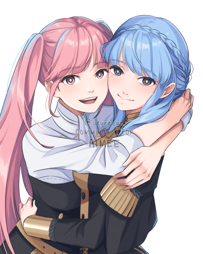2girls, :d, aequorine, black_jacket, blue_hair, braid, brown_eyes, commentary, commission, crown_braid, female_focus, fire_emblem, fire_emblem:_three_houses, garreg_mach_monastery_uniform, grey_eyes, hilda_valentine_goneril, hug, jacket, long_hair, long_sleeves, looking_at_viewer, marianne_von_edmund, matching_hair/eyes, multiple_girls, nintendo, open_mouth, pink_eyes, pink_hair, school_uniform, shirt, simple_background, smile, twintails, twitter_username, upper_body, very_long_hair, white_background, white_shirt