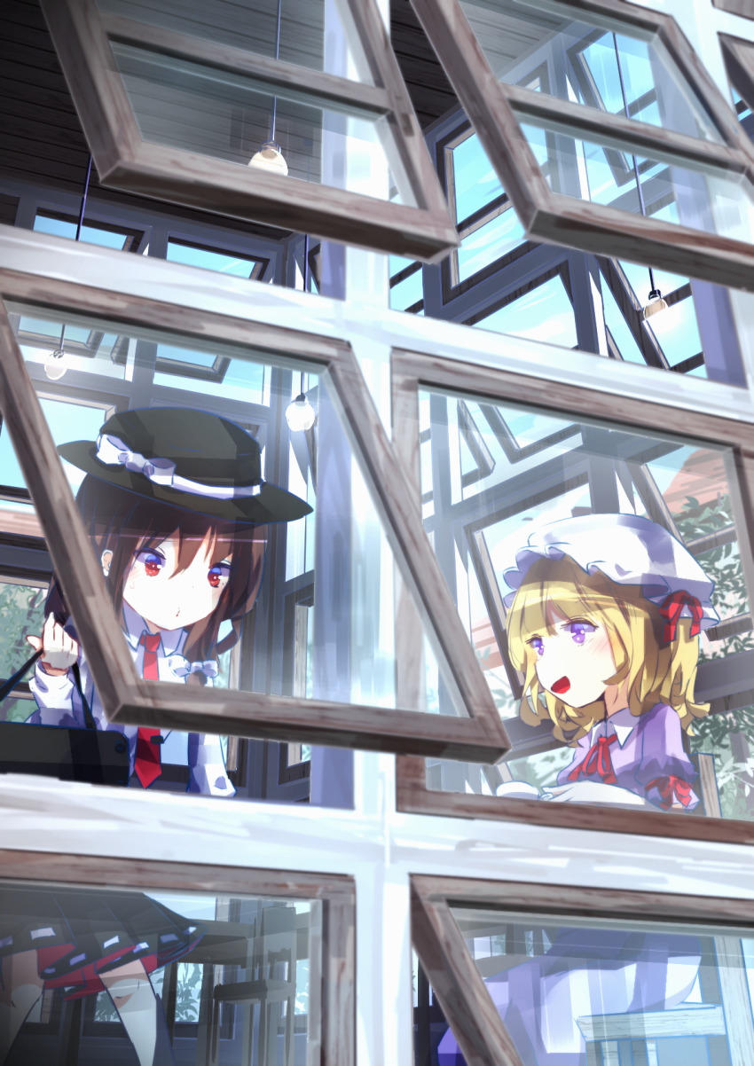 arawara, bag, blonde_hair, cafe, chair, clip_studio_paint_(medium), dress, fedora