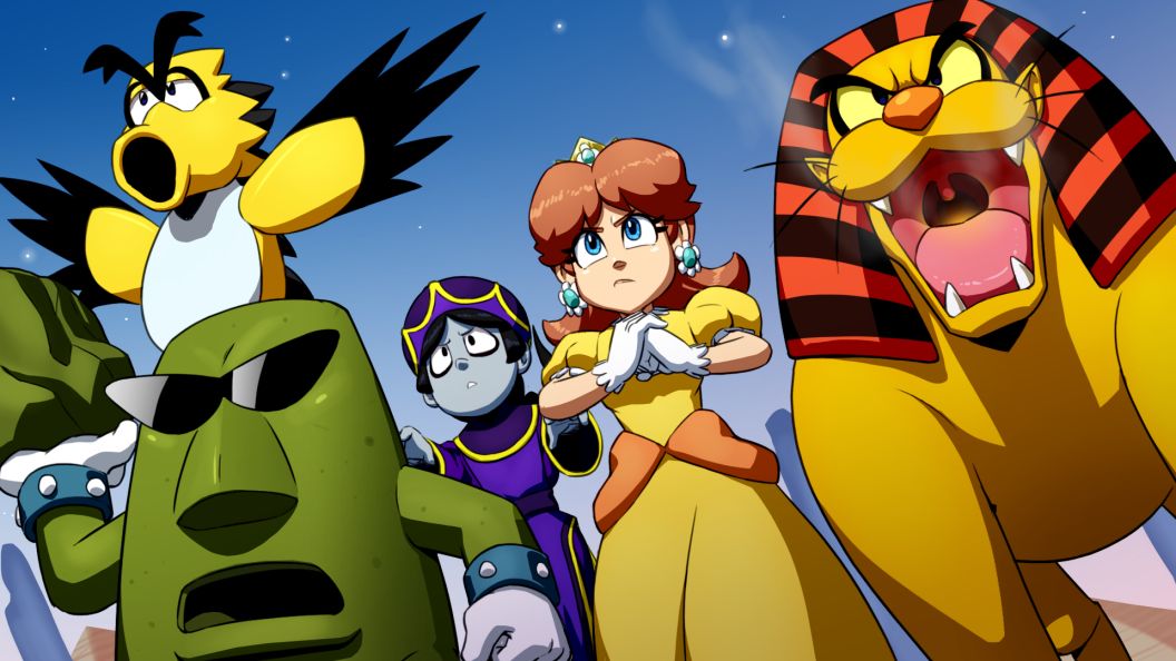 1girl, 4others, angry, blue_eyes, brown_hair, chinese_clothes, crown, dragonzamasu, dress, earrings, eyewear_on_head, fangs, flower_earrings, frown, gloves, hand_up, hat, hiyoihoi, jewelry, king_totomesu, kinngutotomesu, mario_(series), monster, multiple_others, night, nintendo, open_mouth, orange_dress, pionpi, princess_daisy, puffy_short_sleeves, puffy_sleeves, rock, short_sleeves, sky, standing, stone, sunglasses, sunglasses_on_head, super_mario_land, zombie