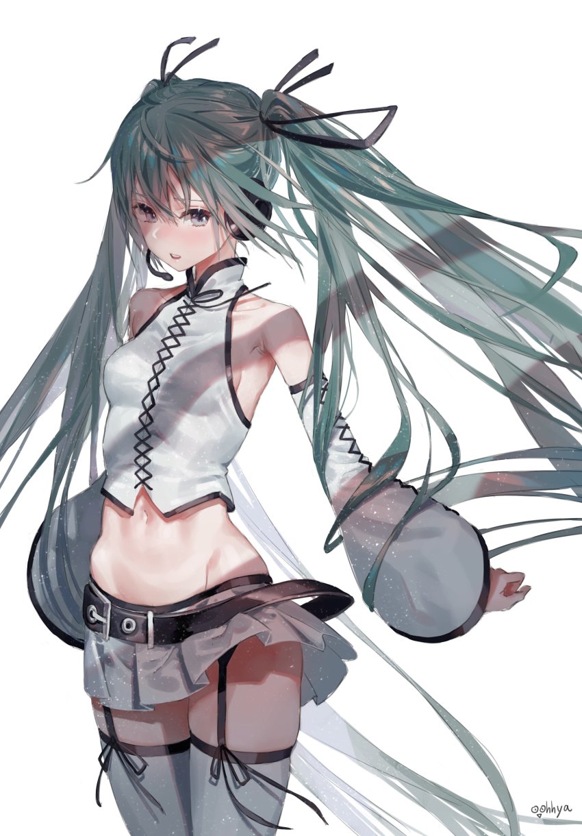 1girl, absurdres, aile_d'ange_(module), aqua_eyes, aqua_hair, bare_shoulders, belt, breasts, collarbone, commentary, cowboy_shot, crop_top, detached_sleeves, hair_tie, hatsune_miku, hatsune_miku_(aile_d'ange), headphones, headset, highres, hip_bones, long_hair, microskirt, midriff, miniskirt, navel, oohhya, open_mouth, project_diva_(series), shirt, sideboob, skirt, sleeveless, sleeveless_shirt, small_breasts, solo, standing, thighhighs, twintails, twitter_username, very_long_hair, vocaloid, white_background, white_shirt, white_skirt, white_sleeves, white_thighhighs