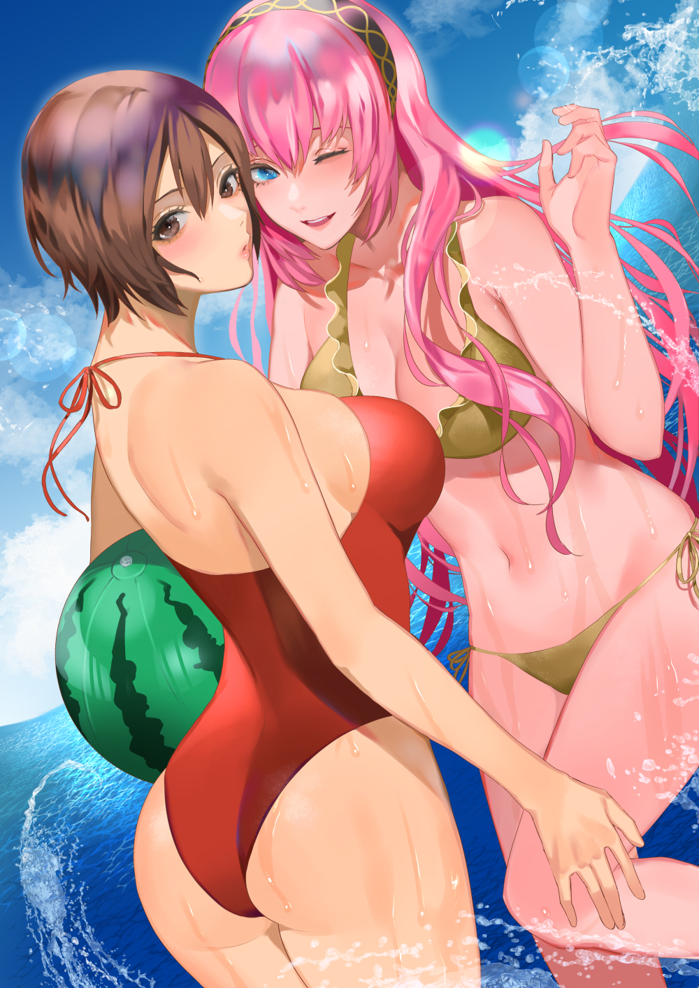 2girls, ass, ball, beachball, bikini, blue_eyes, breasts, brown_eyes