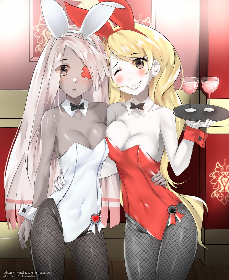 ;), animal_ears, arm_around_another's_waist, black_neckwear, blonde_hair, bow, bowtie, breasts, charlie_morningstar, cleavage, colored_skin, commission, covered_navel, cowboy_shot, detached_collar, fake_animal_ears, fangs, fishnet_legwear, fishnets, grey_eyes, grey_skin, grin, hazbin_hotel, hellaverse, holding, holding_plate, indoors, leotard, long_hair, medium_breasts, okamired, one_eye_closed, pale_skin, pantyhose, plate, playboy_bunny, rabbit_ears, smile, strapless, strapless_leotard, teeth, vaggie, very_long_hair, white_hair, white_leotard, wing_collar, wrist_cuffs