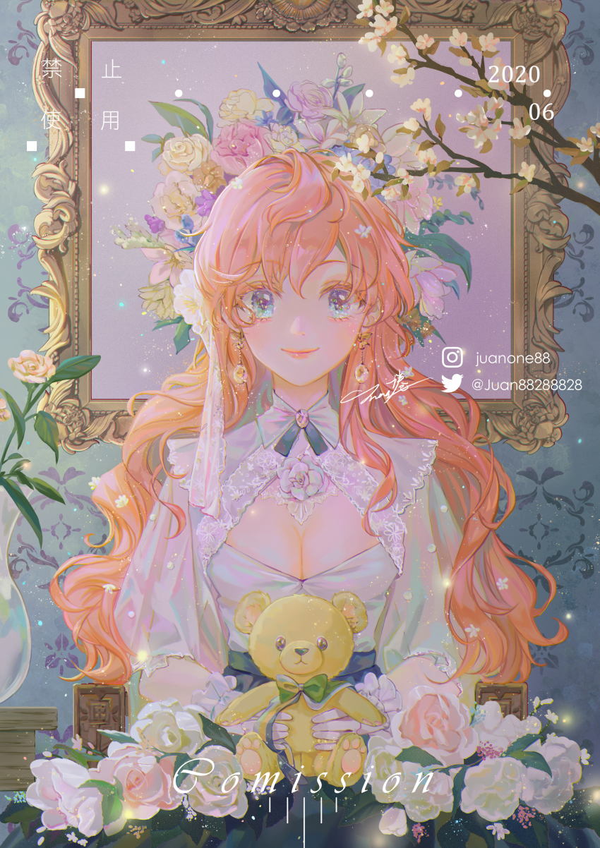 1girl, 2020, absurdres, aqua_eyes, black_ribbon, blue_flower, blue_skirt, bouquet