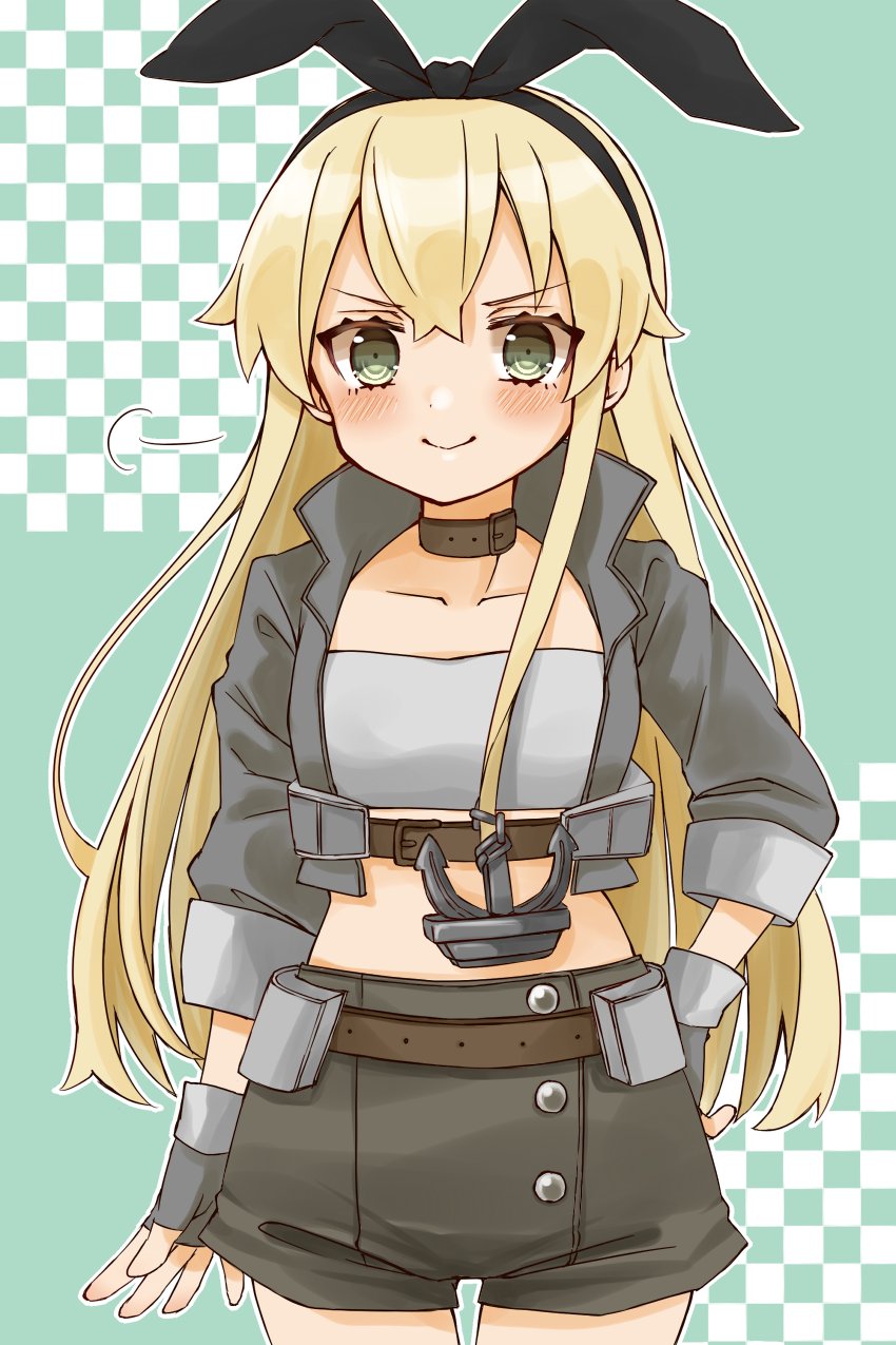 1girl, anchor_hair_ornament, black_shorts, blonde_hair, cocoperino, commentary_request, cosplay, cowboy_shot, fingerless_gloves, gloves, green_background, grey_eyes, grey_gloves, grey_jacket, hair_ornament, hand_on_own_hip, highres, jacket, kantai_collection, long_hair, looking_at_viewer, midriff, nelson_(kancolle), nelson_(kancolle)_(cosplay), nelson_(race_queen)_(kancolle), race_queen, shimakaze_(kancolle), shorts, solo, strapless, tube_top